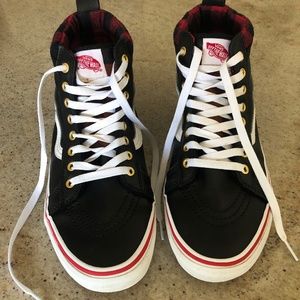 Vans Sk8-Hi Top Old Skool Black Leather Sneakers W/ Plaid Flannel Lining M Sz 10